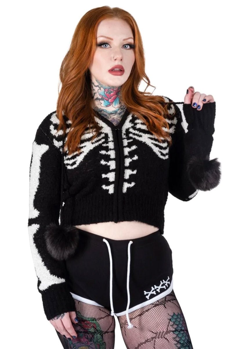 Bony Rib Cage Skeleton Fur Zip Sweater [BLACK/WHITE] - womens outerwear - VampireFreaks - Too Fast