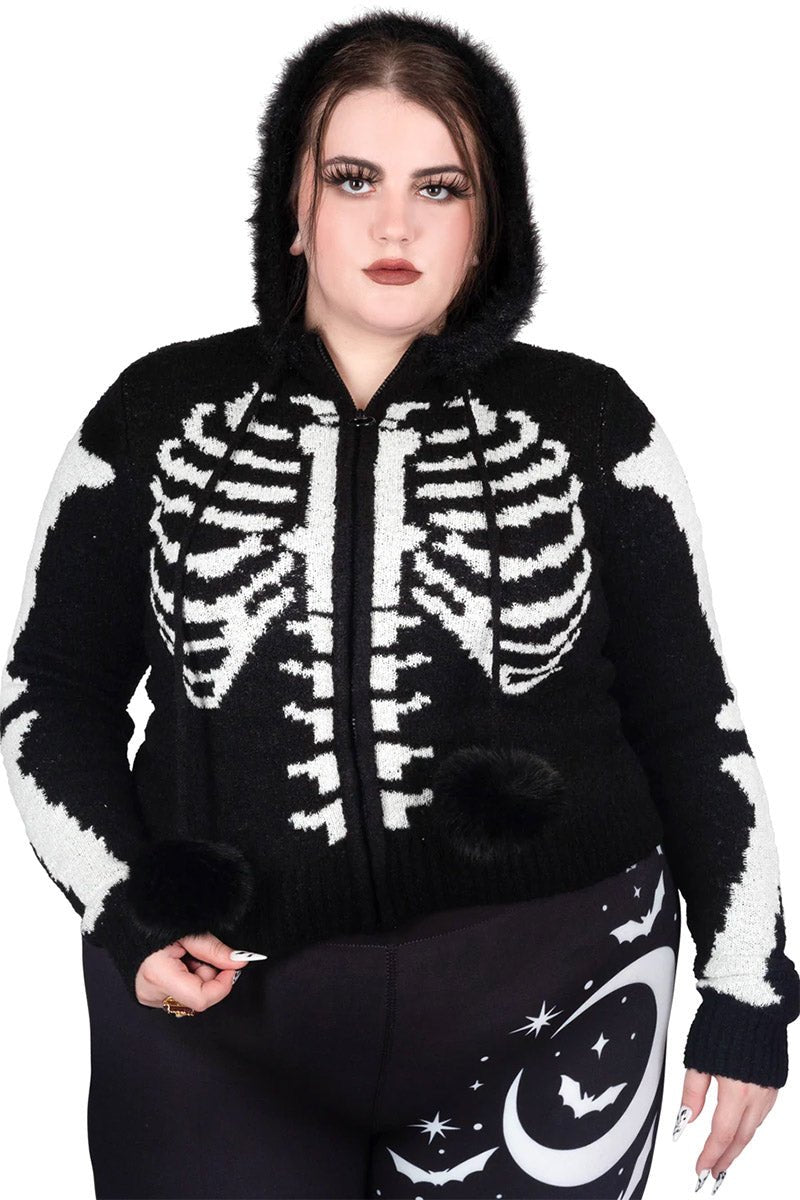 Bony Rib Cage Skeleton Fur Zip Sweater [BLACK/WHITE] - womens outerwear - VampireFreaks - Too Fast