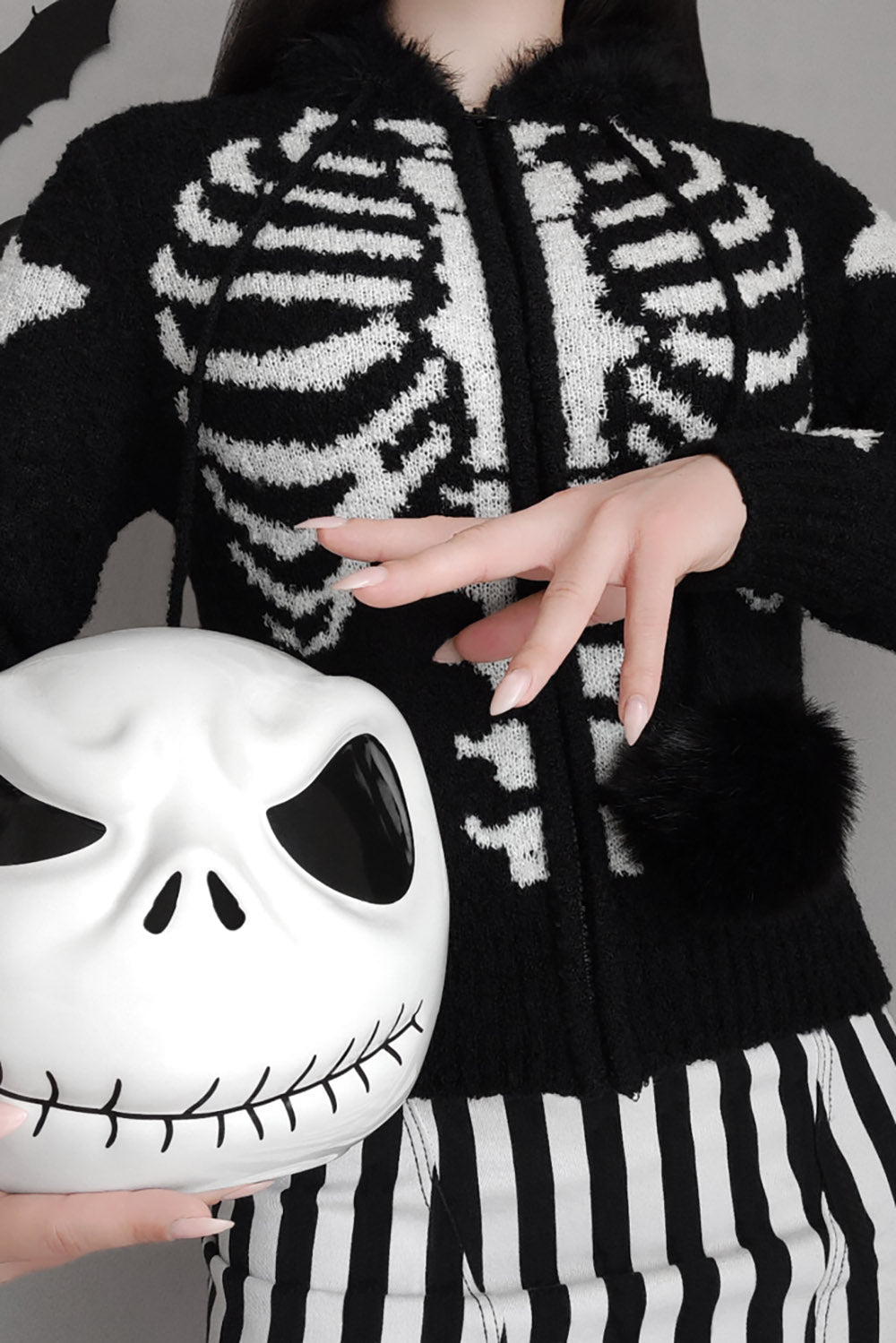 Bony Rib Cage Skeleton Fur Zip Sweater [BLACK/WHITE] - womens outerwear - VampireFreaks - Too Fast