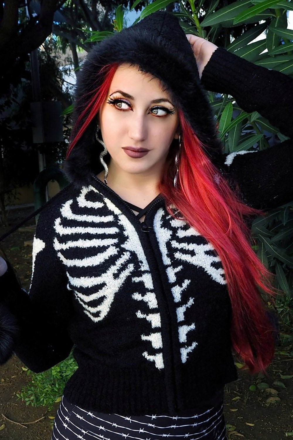 Bony Rib Cage Skeleton Fur Zip Sweater [BLACK/WHITE] - womens outerwear - VampireFreaks - Too Fast