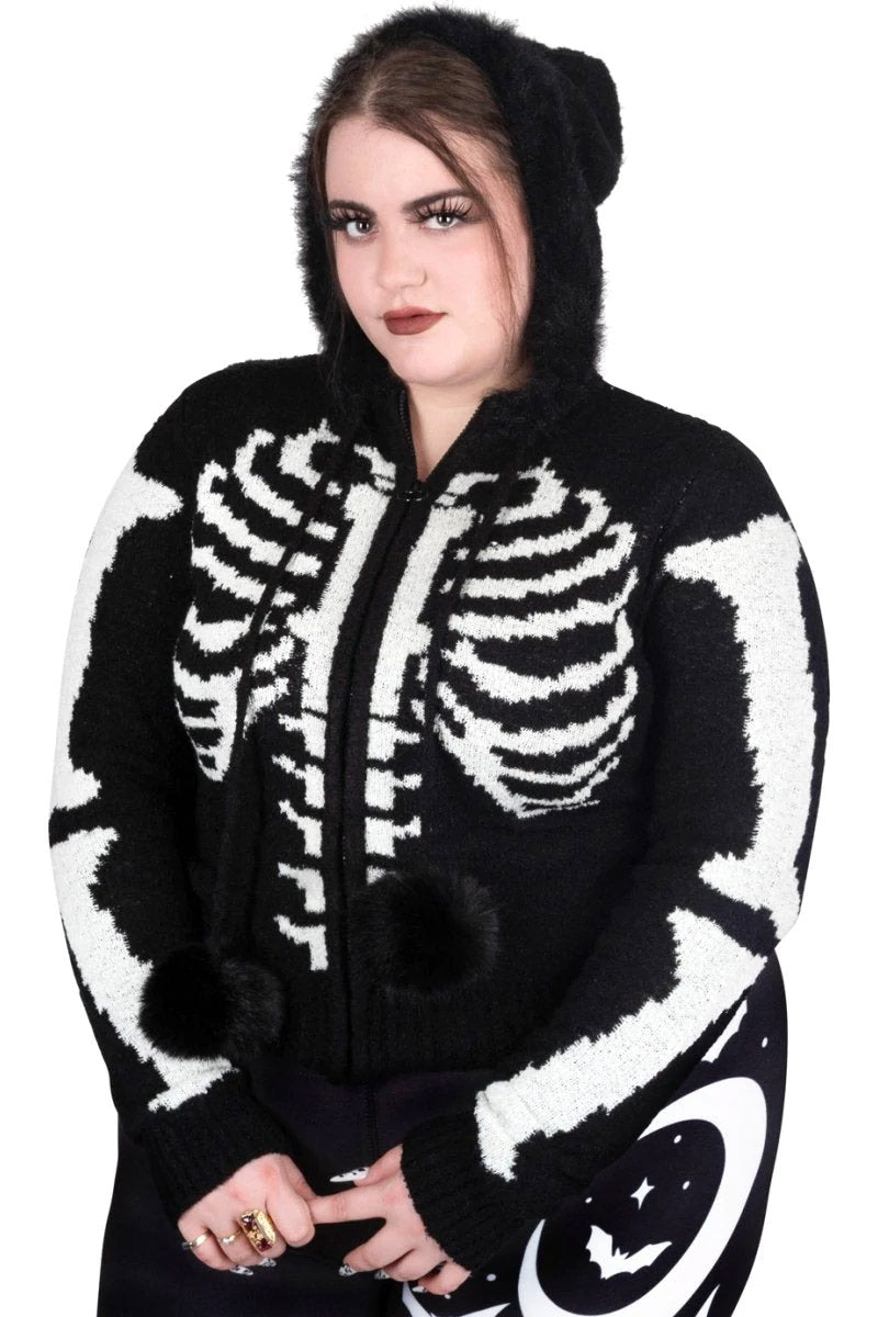 Bony Rib Cage Skeleton Fur Zip Sweater [BLACK/WHITE] - womens outerwear - VampireFreaks - Too Fast