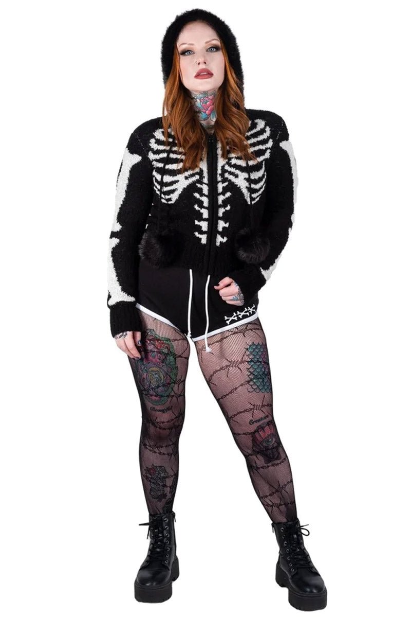 Bony Rib Cage Skeleton Fur Zip Sweater [BLACK/WHITE] - womens outerwear - VampireFreaks - Too Fast