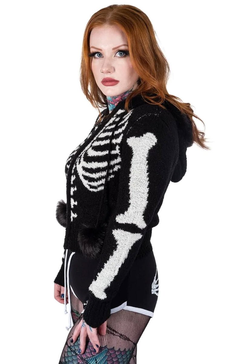 Bony Rib Cage Skeleton Fur Zip Sweater [BLACK/WHITE] - womens outerwear - VampireFreaks - Too Fast