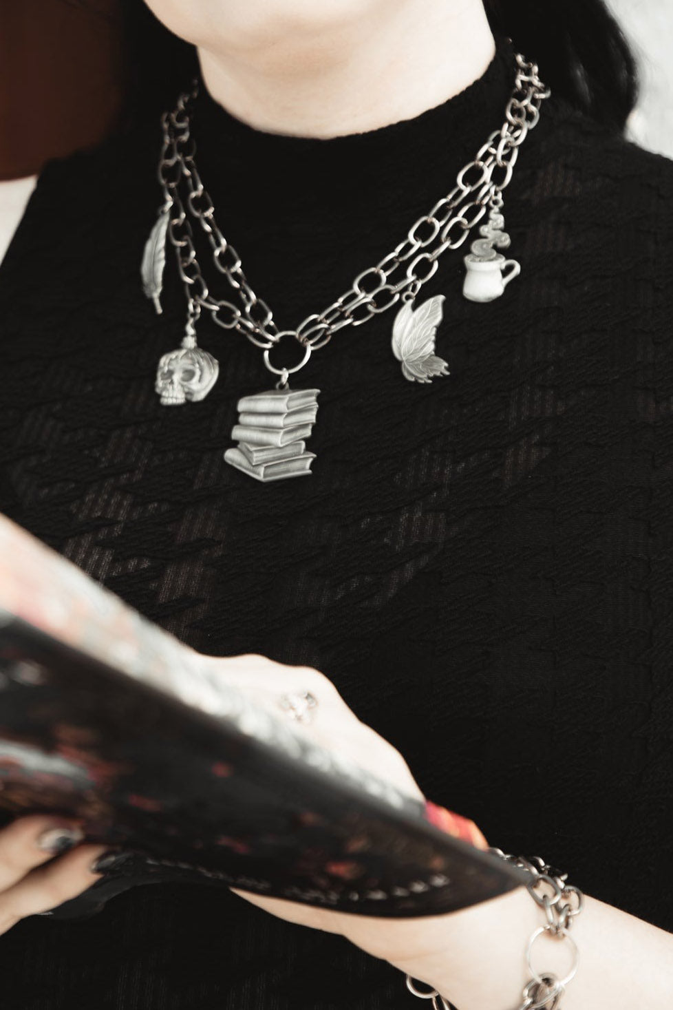 dark academia  chain necklace with book, moth, teacup, and other vintage inspired charms