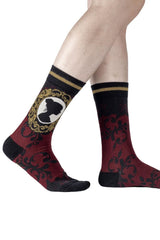 emo gothic socks in red and black with mourning brooch