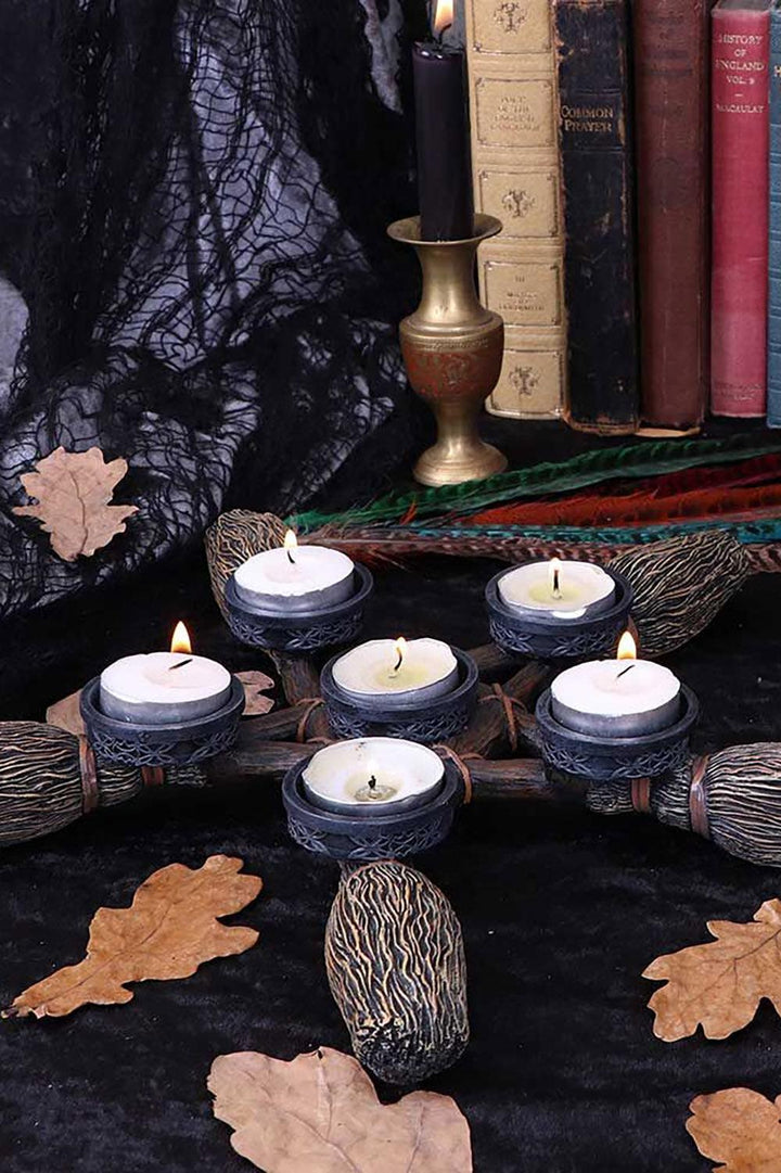 Broomstick Pentagram Tea Light Candle Holder - housewares - VampireFreaks - Nemesis Now