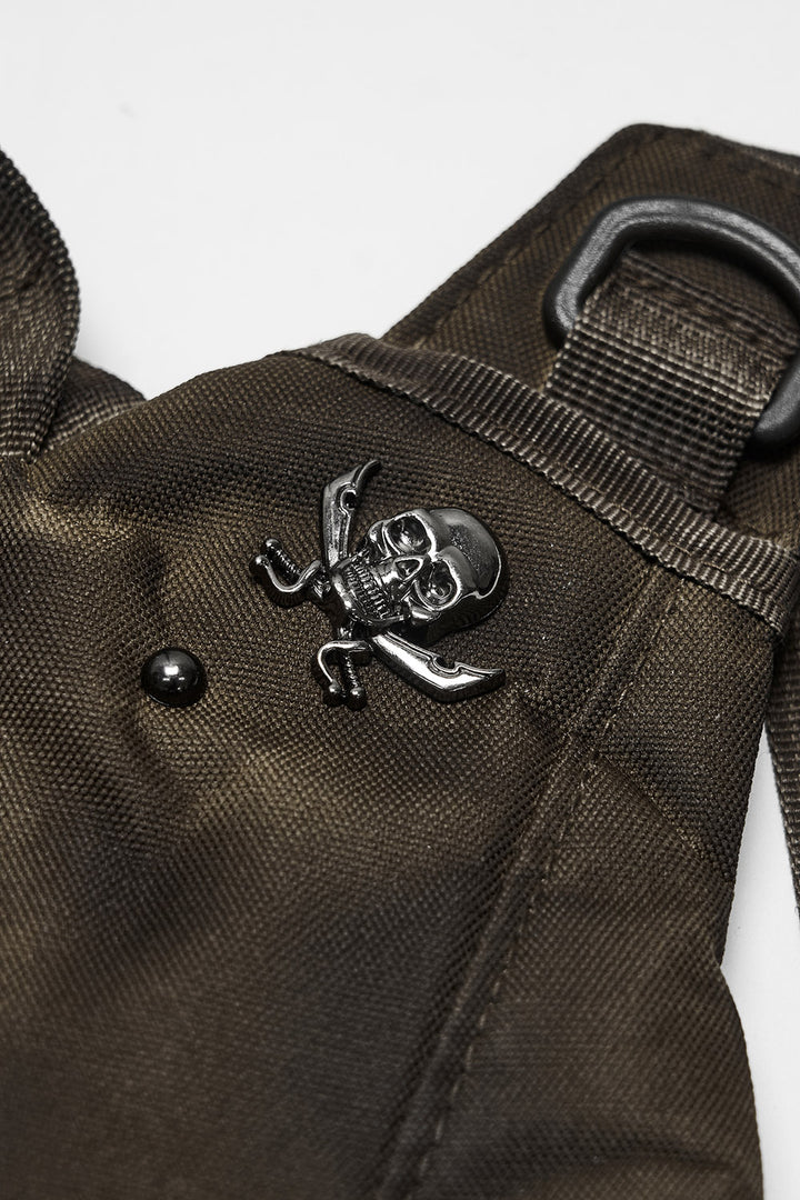 brown post apocalyptic backpack  with skulls and crossbone motifs
