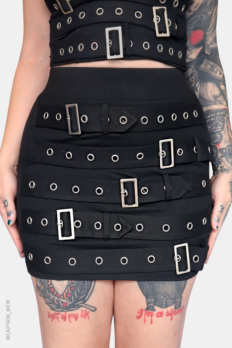 black buckled gothic mini skirt