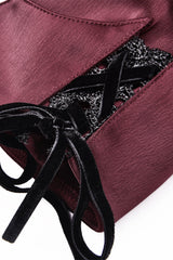 lace-up short sleeve dark red button-down shirt