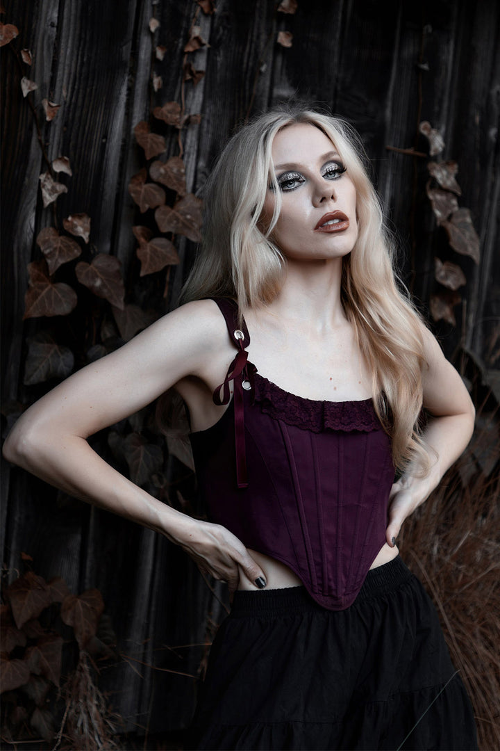 adjustable lace ruffled romantic purple corset top