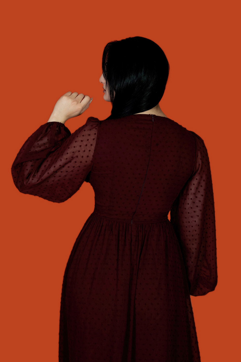 sheer sleeve dark red burgundy dress with pockets