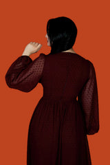 sheer sleeve dark red burgundy dress with pockets