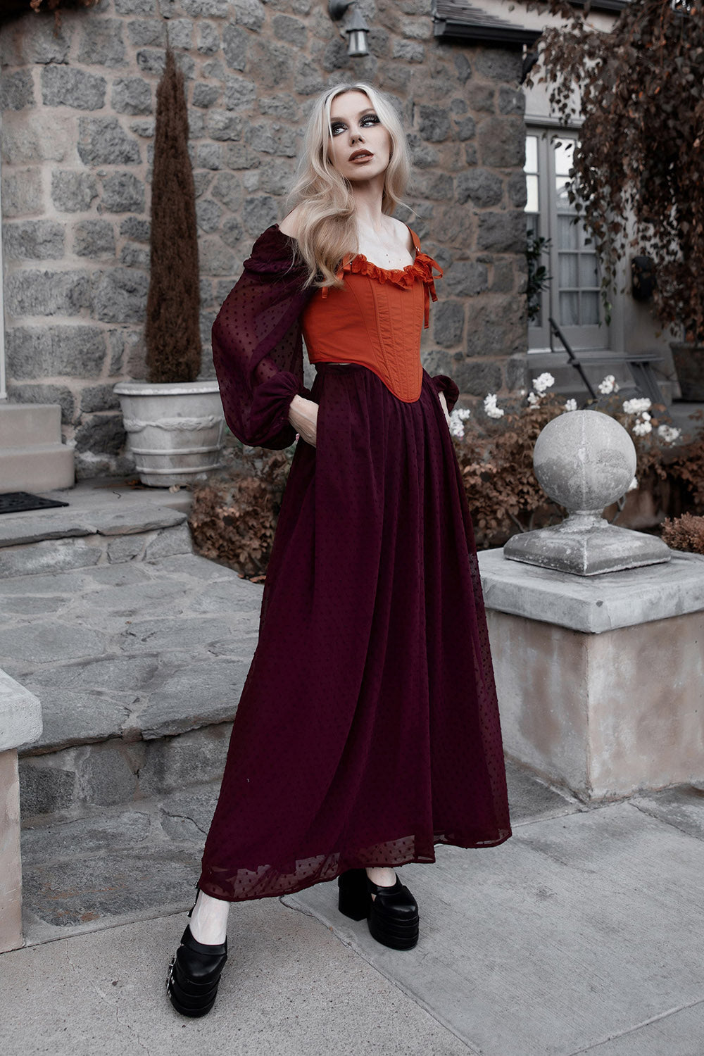 balloon sleeve dark red burgundy dress with pockets