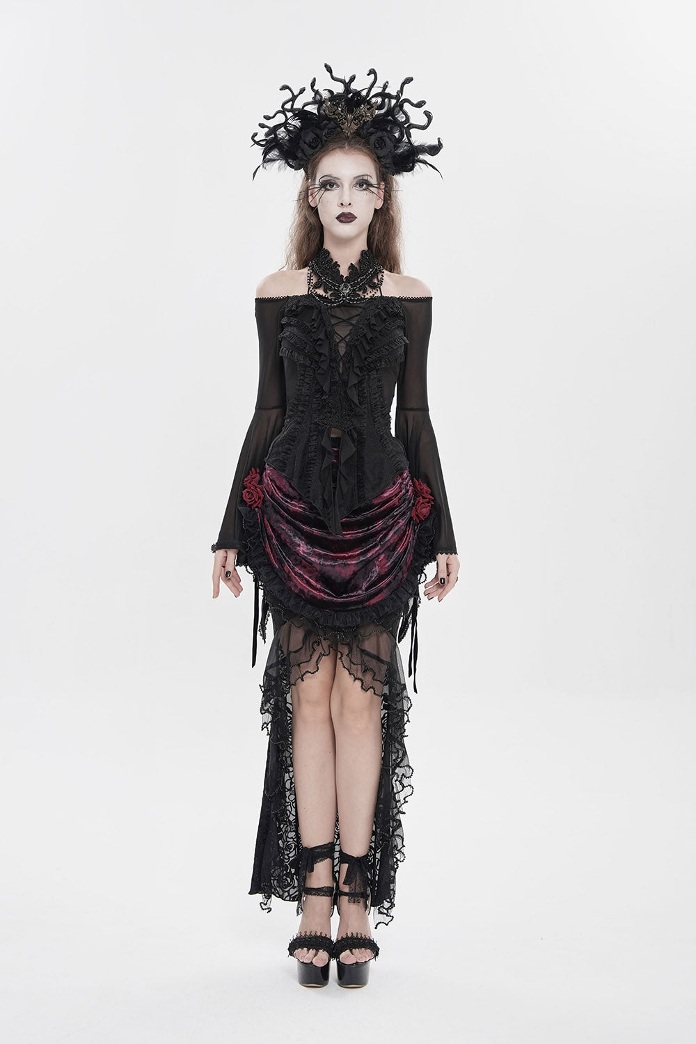 off the shoulder gothic mesh long sleeve flared top by devil fashion