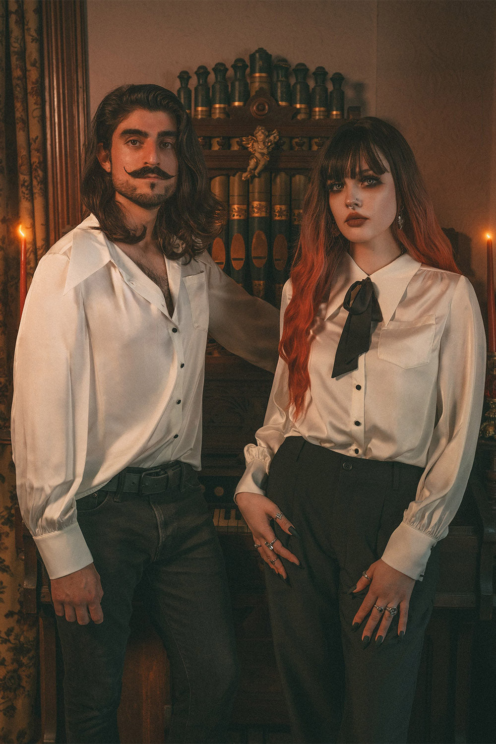 vampire white satin button-down top for women with removable bow 