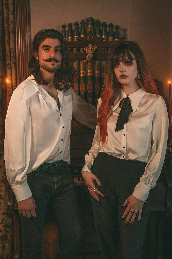 vampire white satin button-down top for women with removable bow 