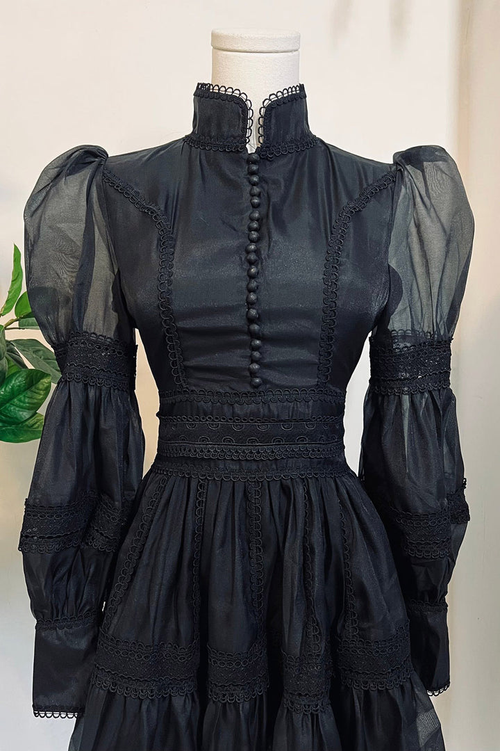 puff shoulder black buttoned gothic black dress