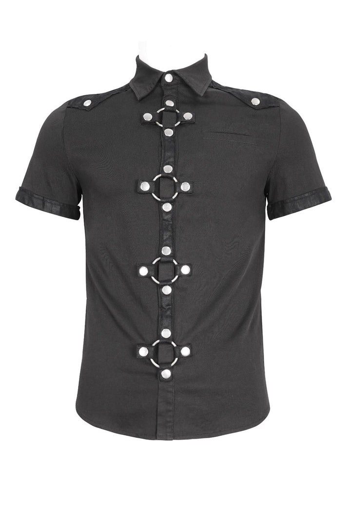 Black short-sleeve shirt with decorative metal accents on a white background