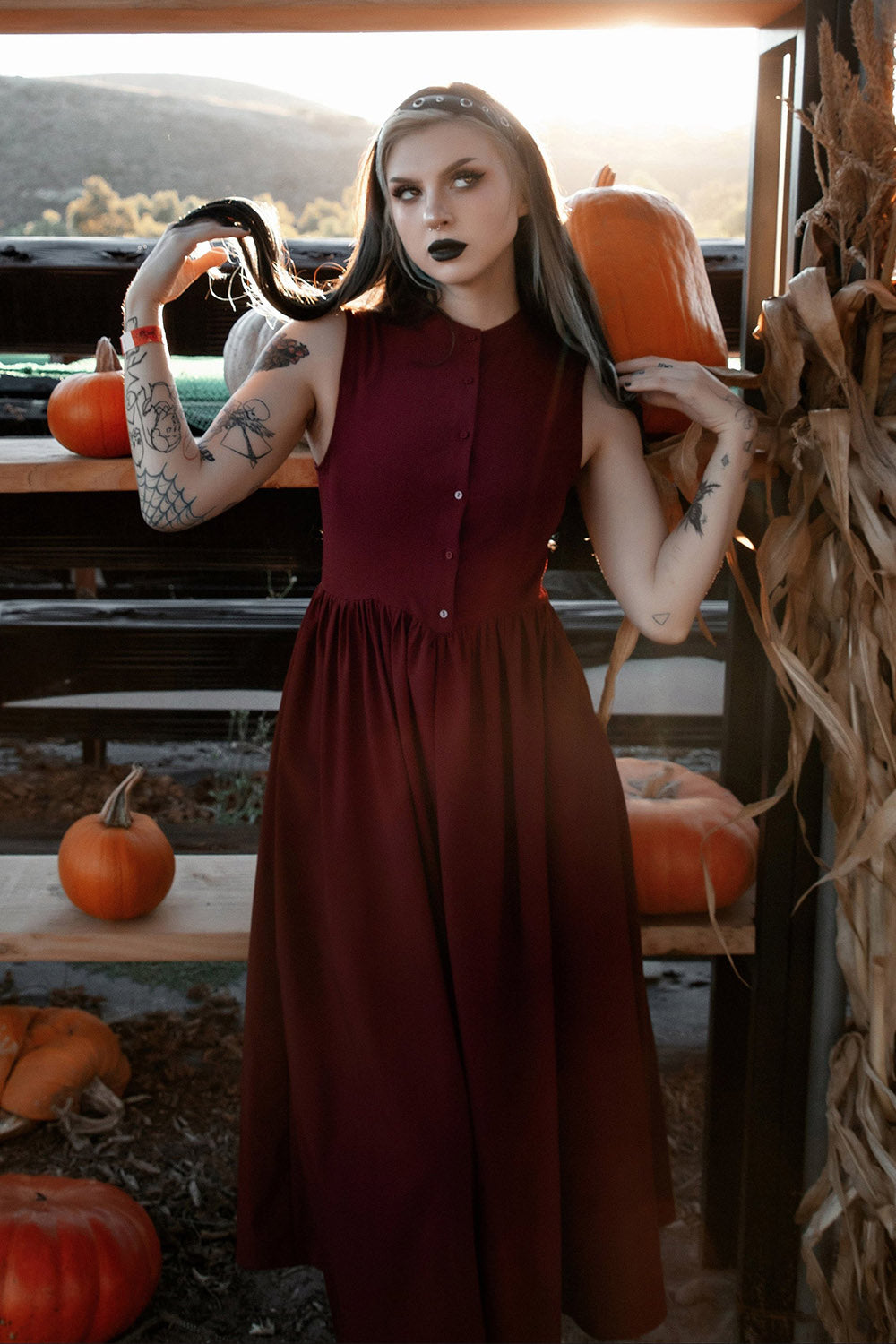 witchy button-up red sleeveless dress with pockets by lively ghosts 