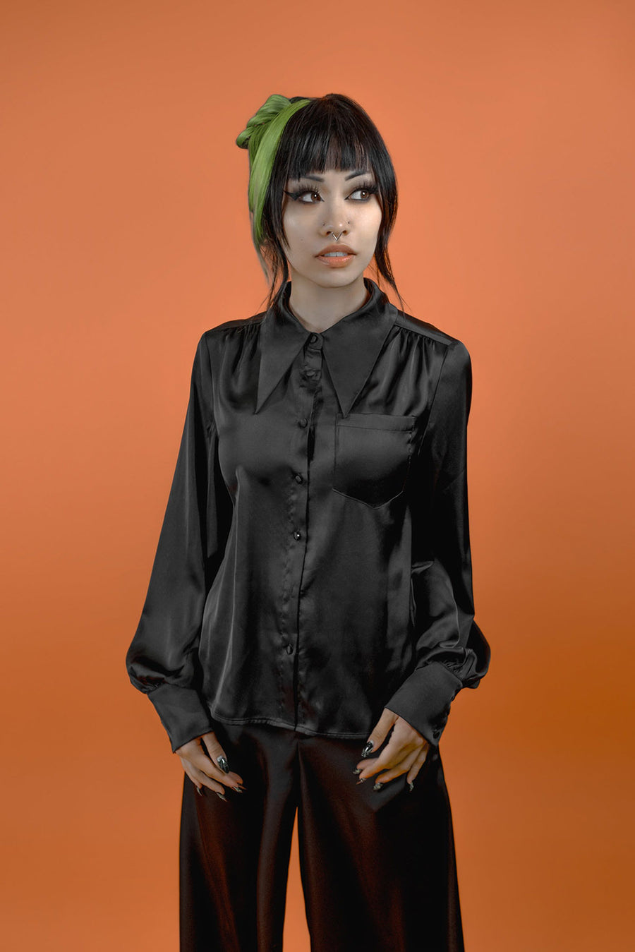 womens button up pointed collar witchy blouse