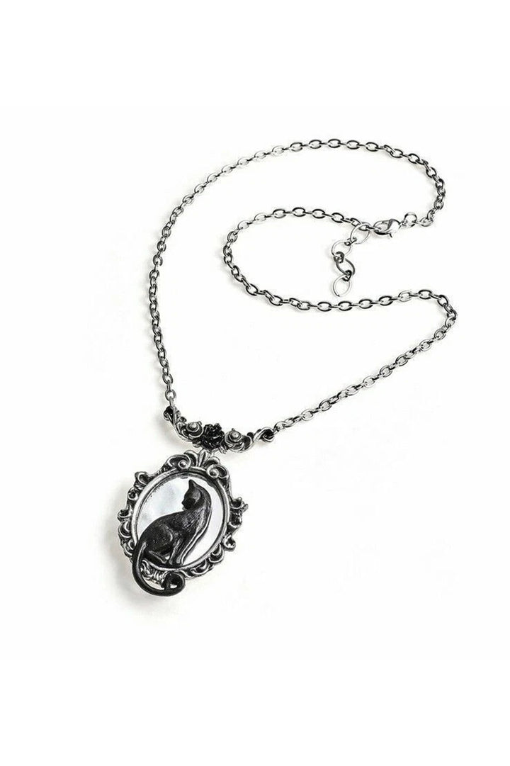 Necklace with a black cat pendant on a white background