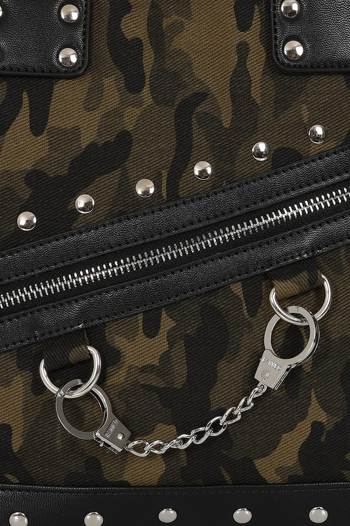 handcuff camouflage studded handbag 