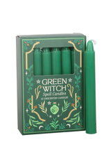 Green Witch Spell Candles in a decorative green box with gold and white lettering, shown with one candle standing outside the box on a white background.