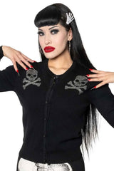 creepy knit cardigan featuring silver metal studs fashioned into a skull and crossbones design on the front and back