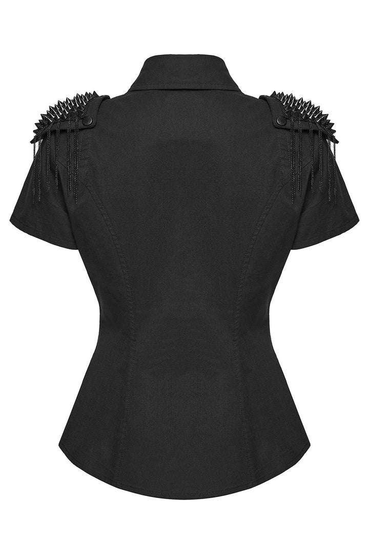 punk tasseled studded fishnet short sleeve shirt with epaulets 