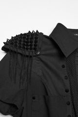studded fishnet short sleeve shirt with epaulets  with tassels