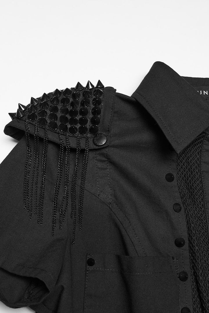 studded fishnet short sleeve shirt with epaulets  with tassels