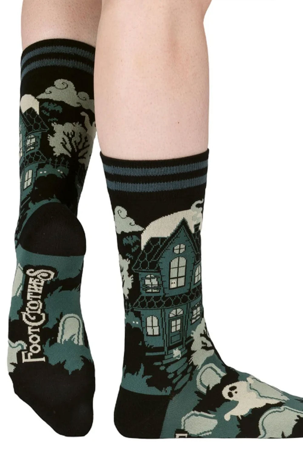 punk goth halloween graphic socks with haunted house and ghost