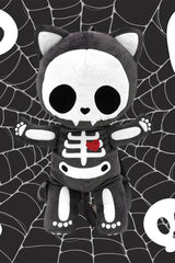 kawaii Black and white skeleton plushie backpack with a red heart on a white background