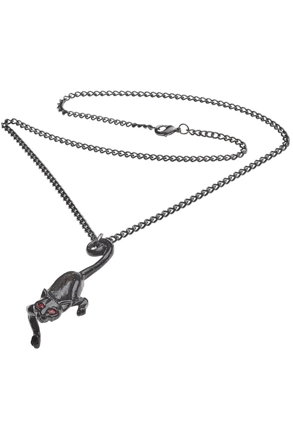 gothic cat necklace made of pewter with red crystal eyes