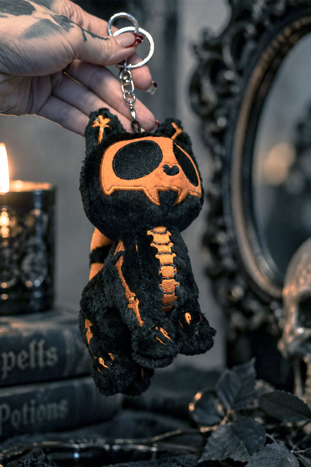 Pumpkin Bones Halloween skeleton cat plush keychain