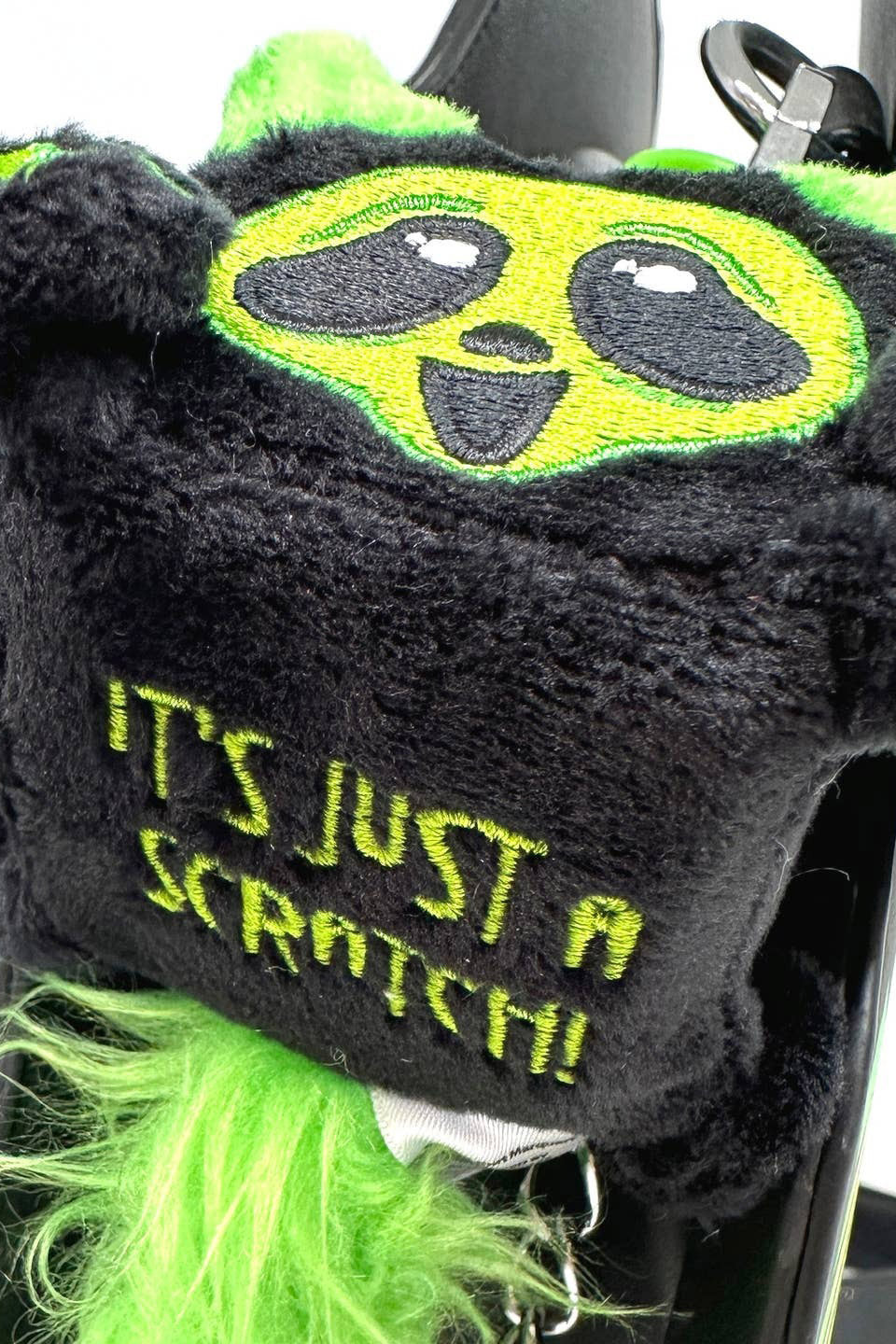 embroidered creepy cute green and black cat plush keychain keyring