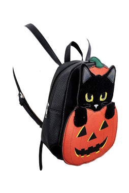 Furry Black Cat In Pumpkin Mini Backpack