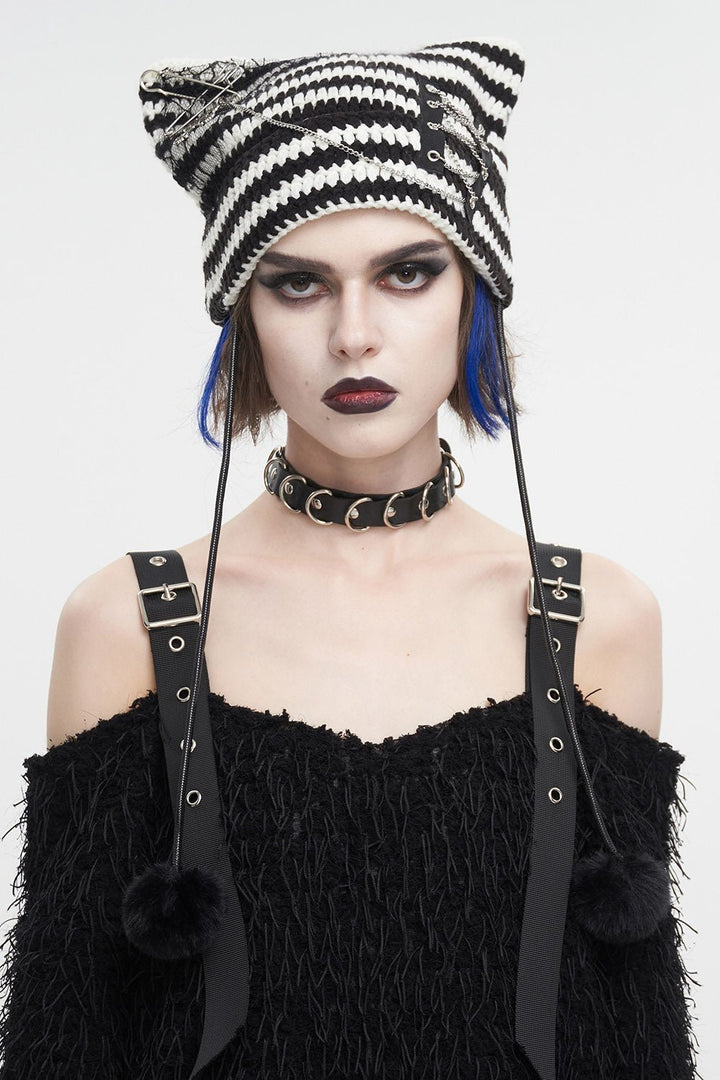 Cat Scratches Striped Beanie [BLACK/WHITE] - hats & scarves & headwear - VampireFreaks - Devil Fashion