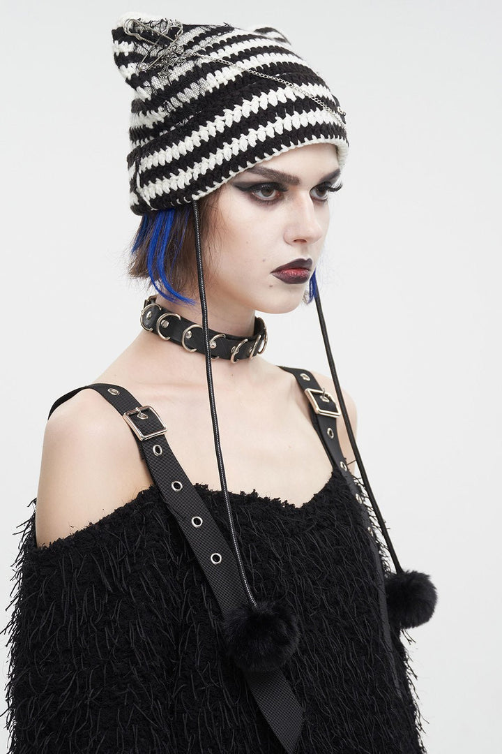 Cat Scratches Striped Beanie [BLACK/WHITE] - hats & scarves & headwear - VampireFreaks - Devil Fashion