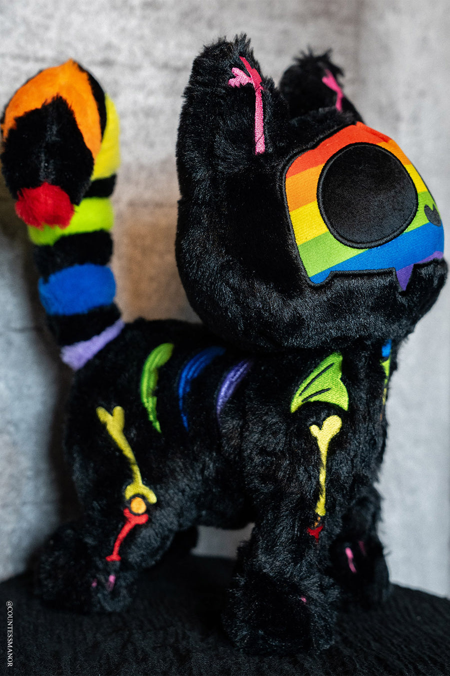 black rainbow skeleton cat plushie toy