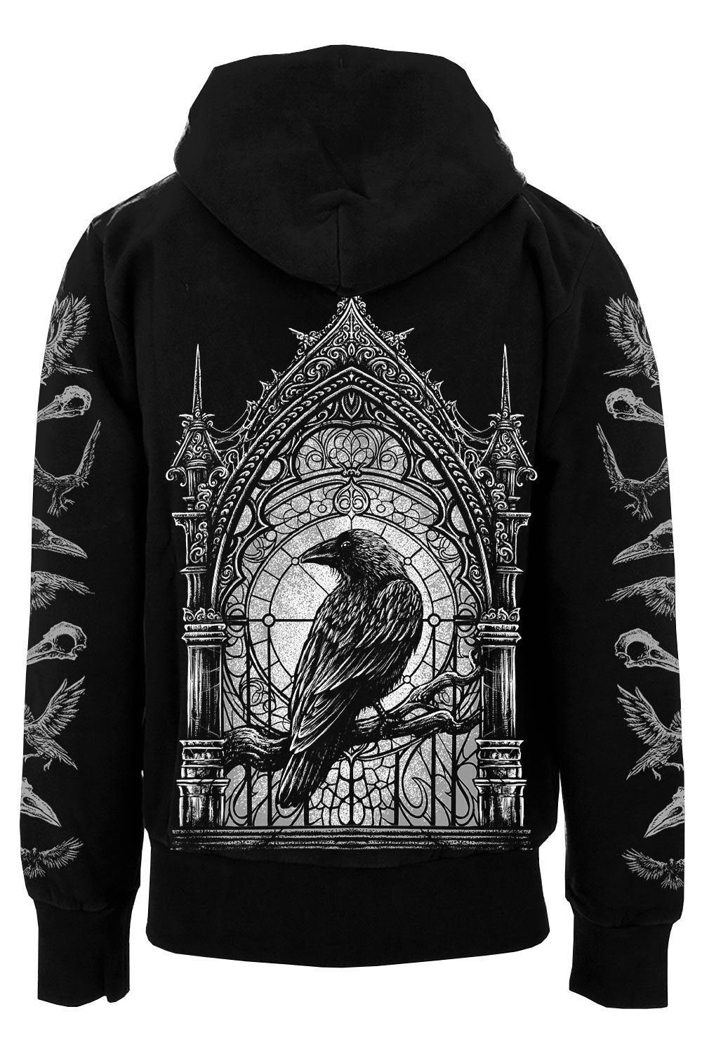 gothic hoodie with crow skulls on the sleeves