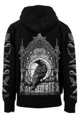 gothic hoodie with crow skulls on the sleeves