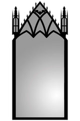 gothic wall mirror shaped like a cathedral with bat decoration made of metal and glass