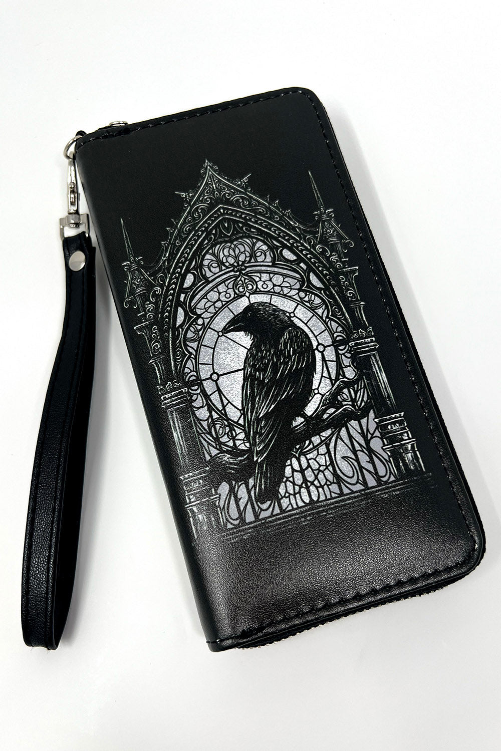 vegan leather gothic crow vegan leather wallet with wristlet strap 