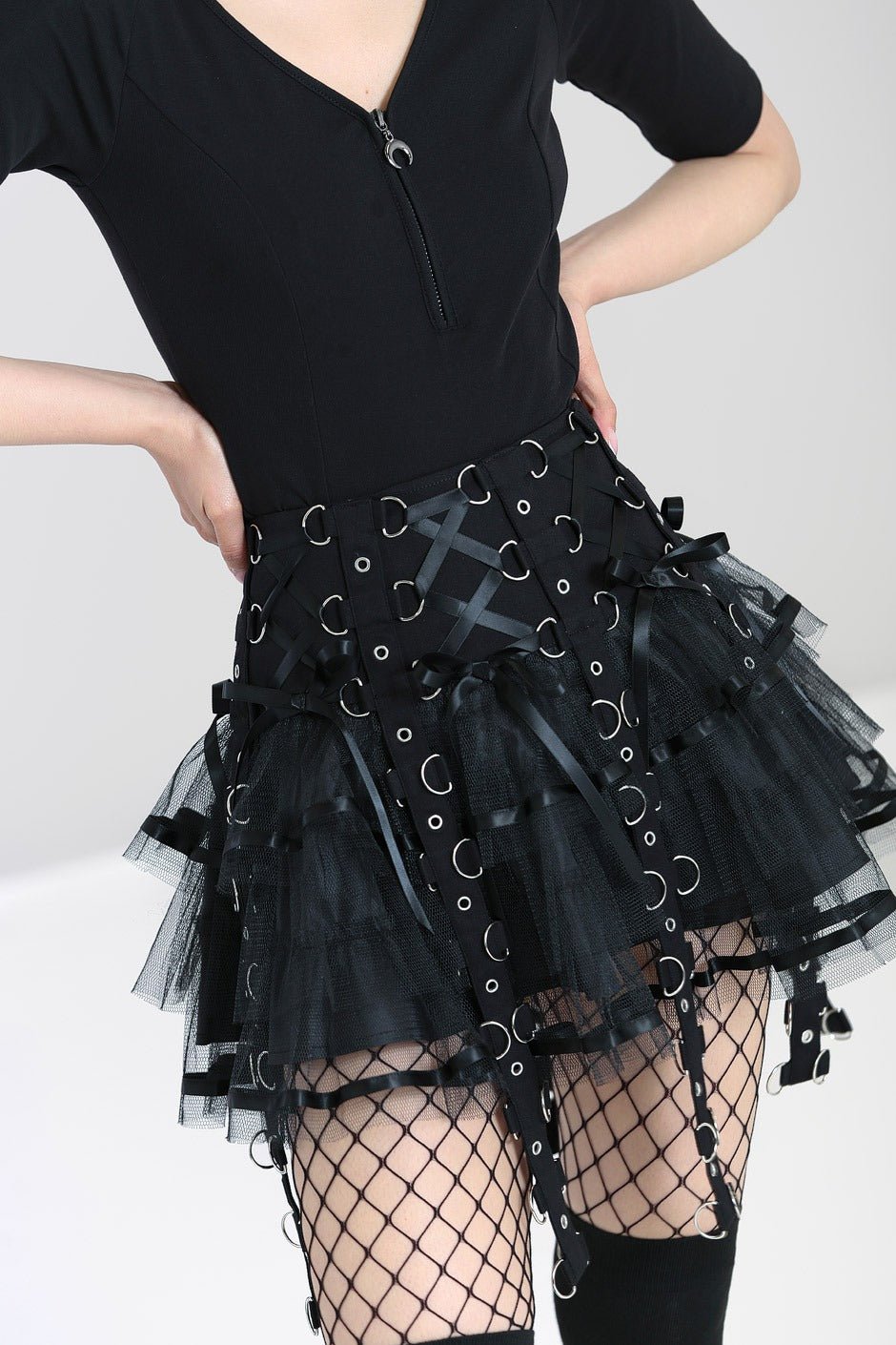 Chai Mini Skirt [BLACK/BLACK] - skirts - VampireFreaks - Hell Bunny