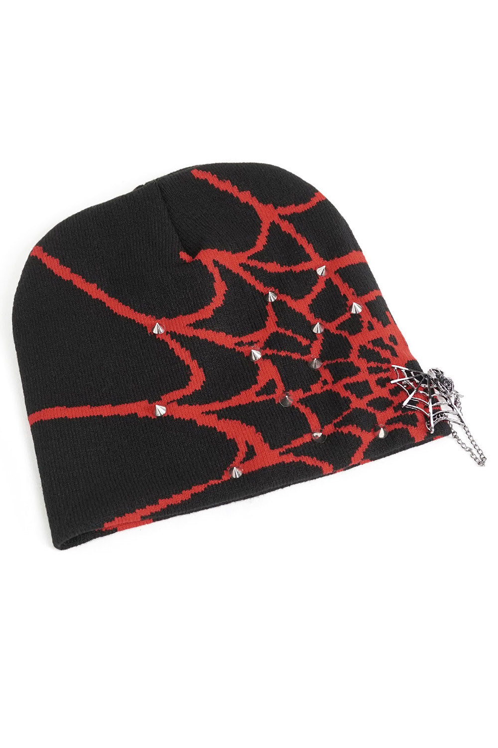 knitted red and black spiderweb beanie