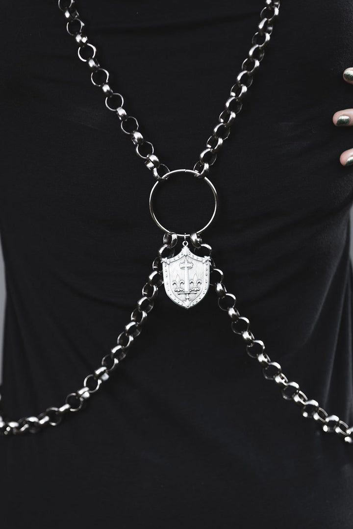 stainless steel chunky chain harness with shield charm