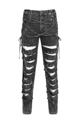 Black distressed jeans with chain details on a white background