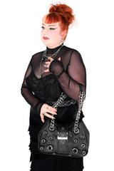 FOXBLOOD Pixie Grommet Bag featuring black vegan leather, oversized metal eyelets, and silver chain straps for punk and grunge style