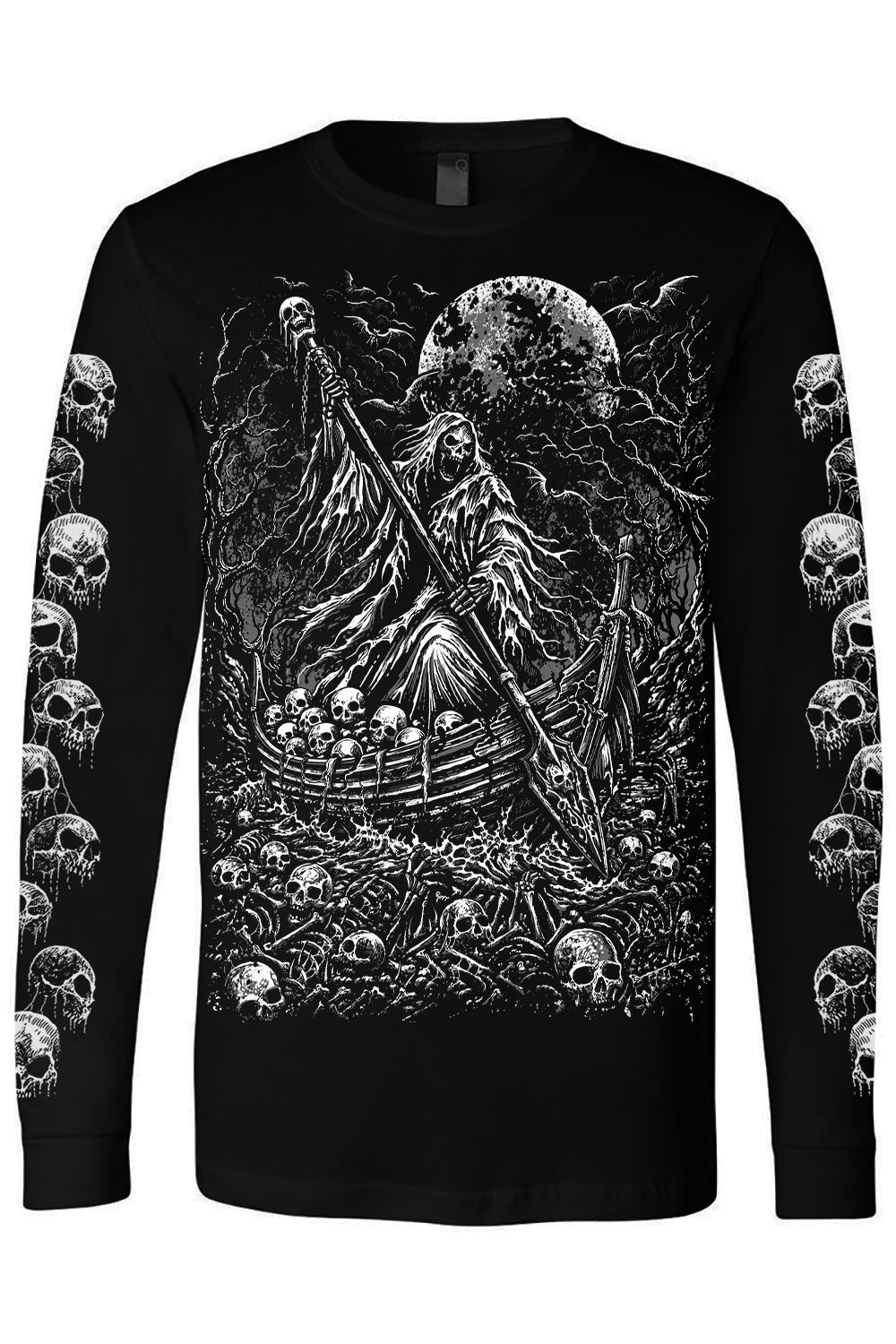 mens long sleeve black shirt with gray and white charon reaper ferryman graphic and skulls on sleeves